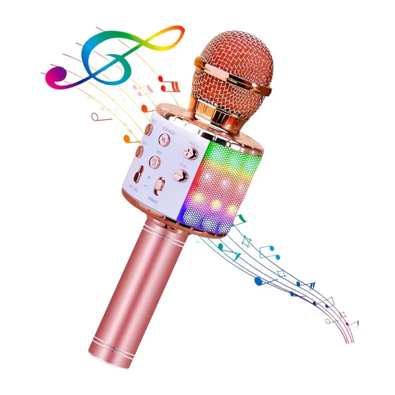 Rose gold karaoke microphone with bluetooth singing mic, disco lights echo effect, mesh grille, and control buttons