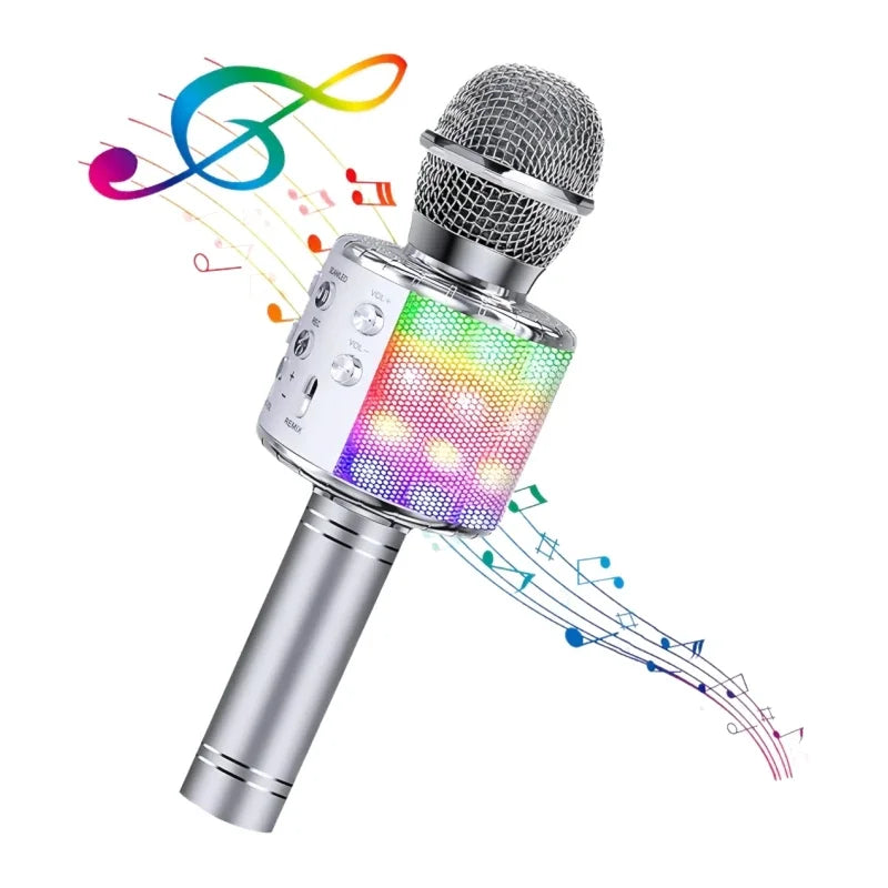 Silver wireless karaoke microphone with mesh grille and colorful disco lights echo for kids and adults bluetooth singing mic