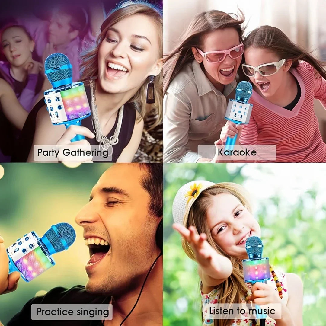 Blue handheld karaoke microphone with bluetooth, disco lights echo, silver control panel for kids and adults use