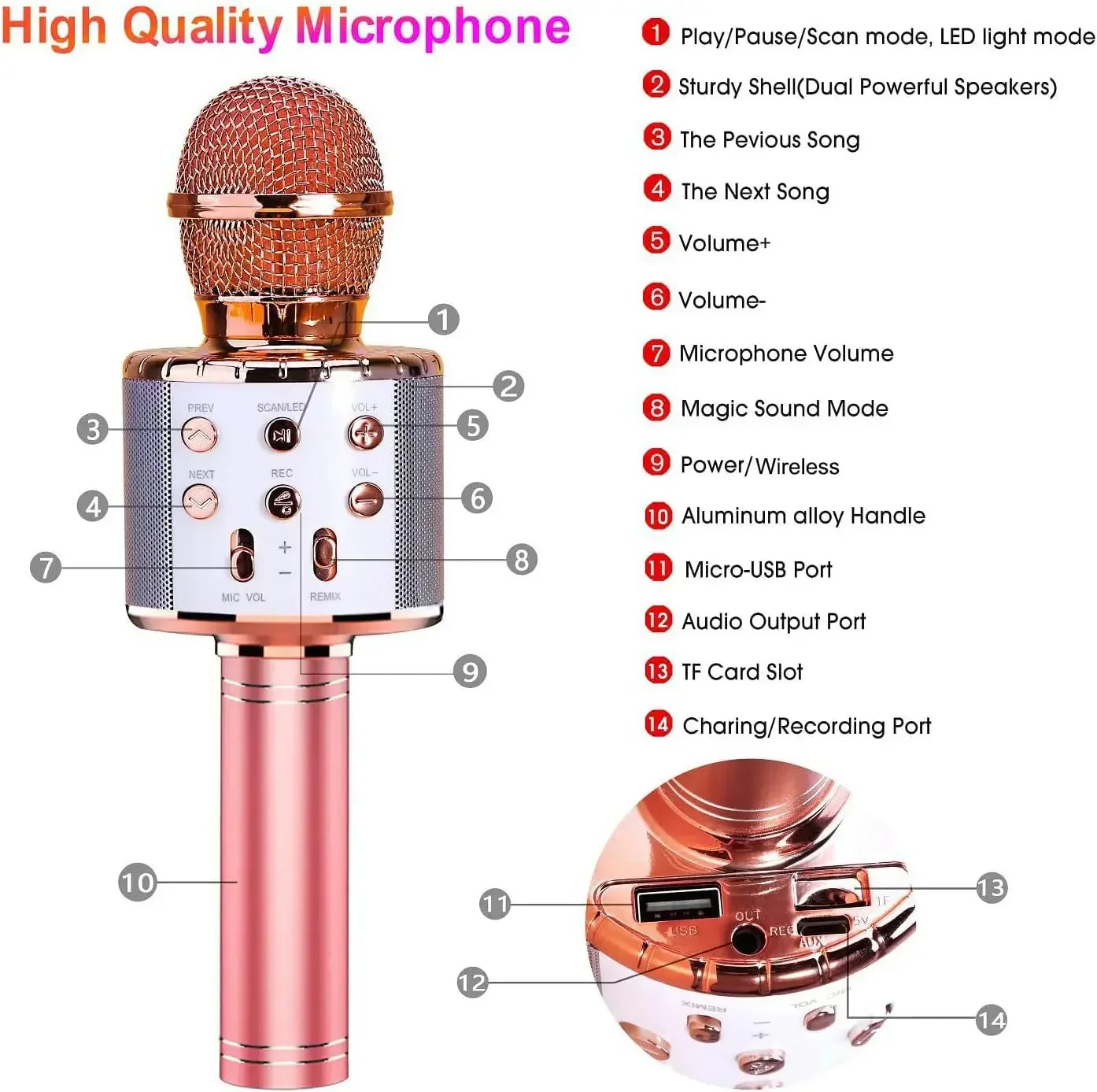 Rose gold wireless karaoke microphone with mesh grille and control buttons featuring disco lights echo and bluetooth singing mic