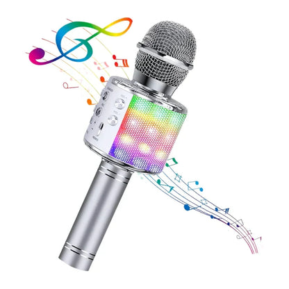 Silver wireless karaoke microphone with mesh grille and colorful disco lights echo for kids and adults bluetooth singing mic