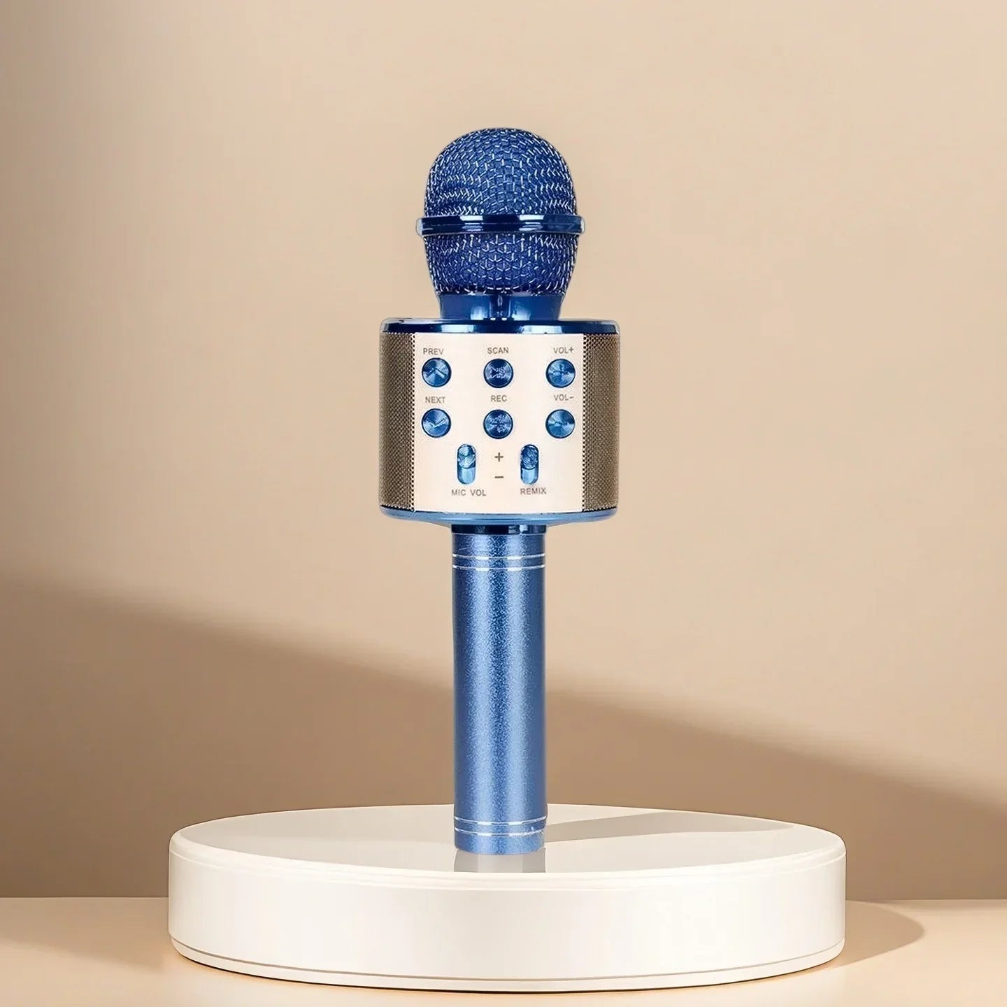 Blue wireless karaoke microphone with textured mesh grille and silver buttons for adults bluetooth singing and party travel gifts