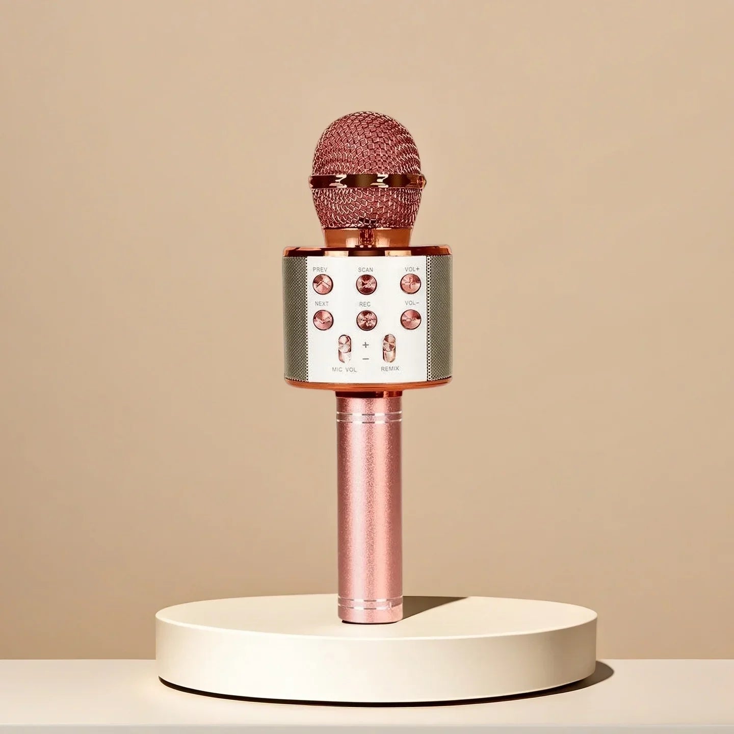 Rose gold wireless karaoke microphone with mesh grille and control panel for adults bluetooth singing and party travel gifts