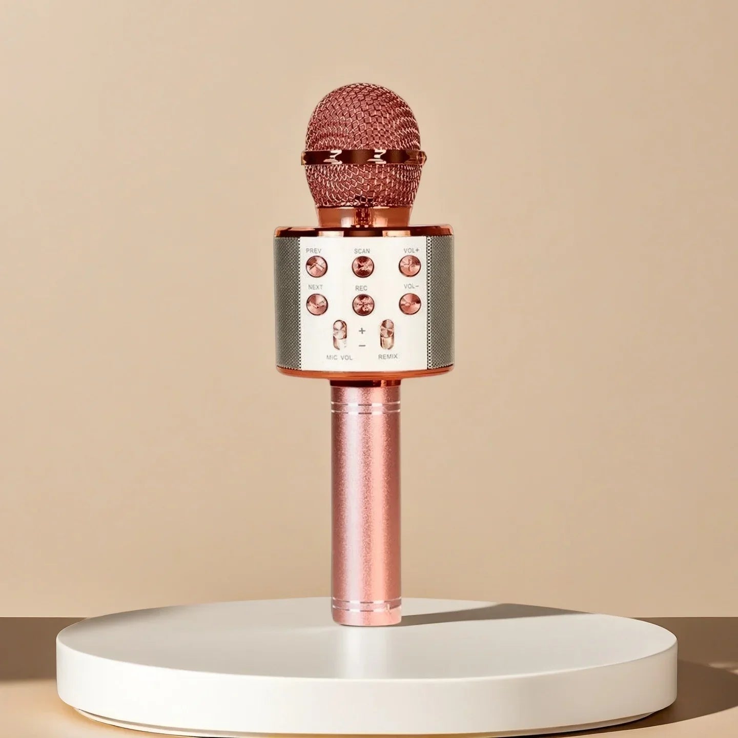 Rose gold wireless karaoke microphone with mesh grille, control buttons, and metallic finish for party travel gifts adults bluetooth singing