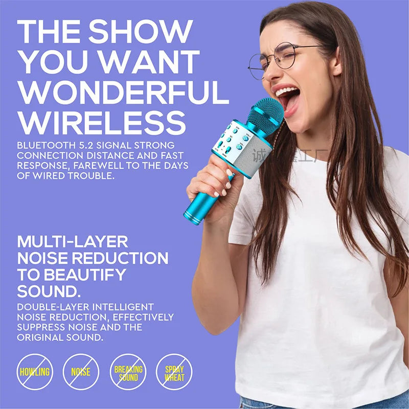 A vibrant teal and blue wireless karaoke microphone with textured grip and buttons for adults bluetooth singing and party travel gifts