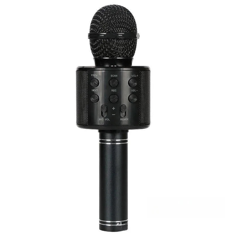 Black wireless karaoke microphone with mesh grille and metallic accents, built-in speaker portable karaoke for party travel gifts
