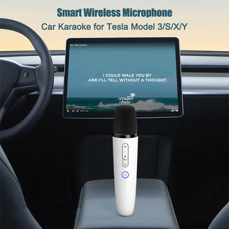 White wireless car karaoke microphone with black mesh grille and usb a receiver for tesla karaoke use