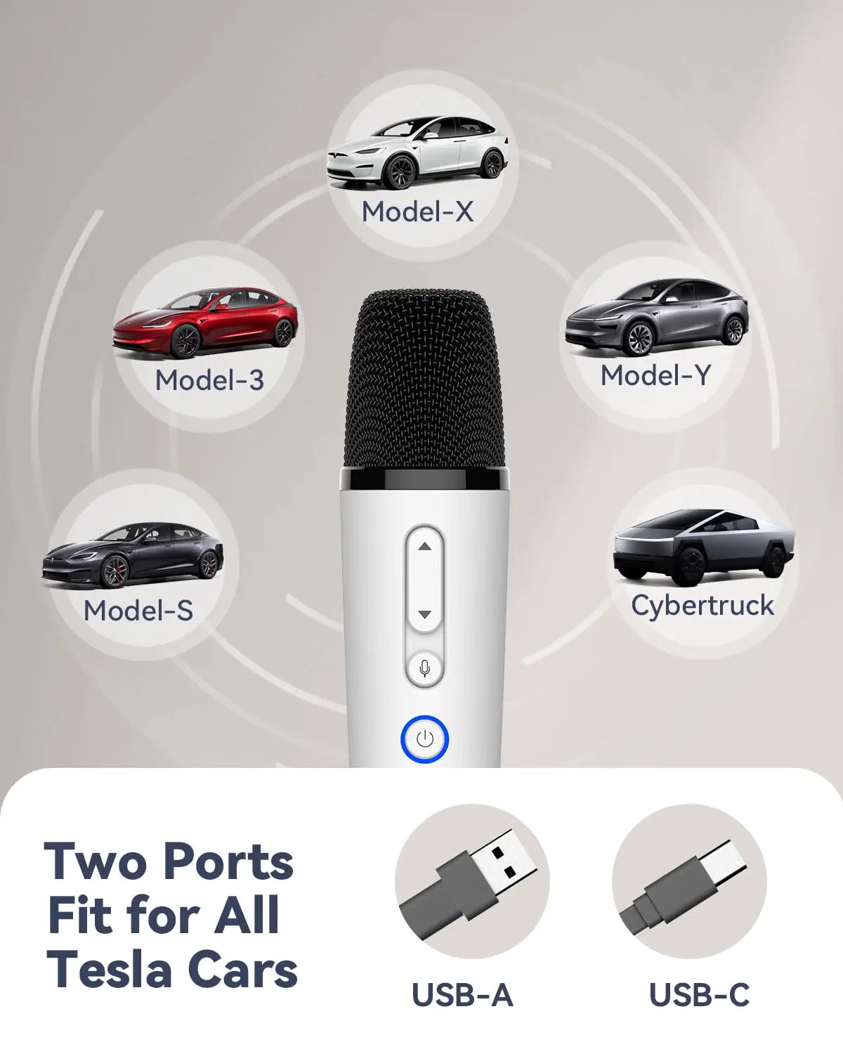 White wireless car karaoke microphone with black grille and silver accents featuring volume and power buttons for tesla karaoke