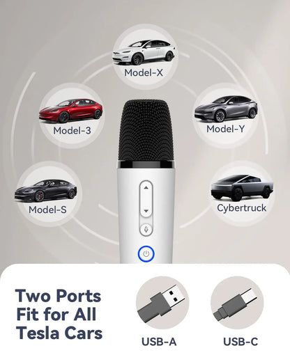White wireless car karaoke microphone with black grille and silver accents featuring volume and power buttons for tesla karaoke