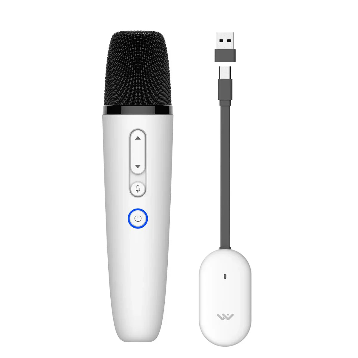 White wireless handheld car karaoke microphone with black grille and usb a receiver for tesla karaoke use
