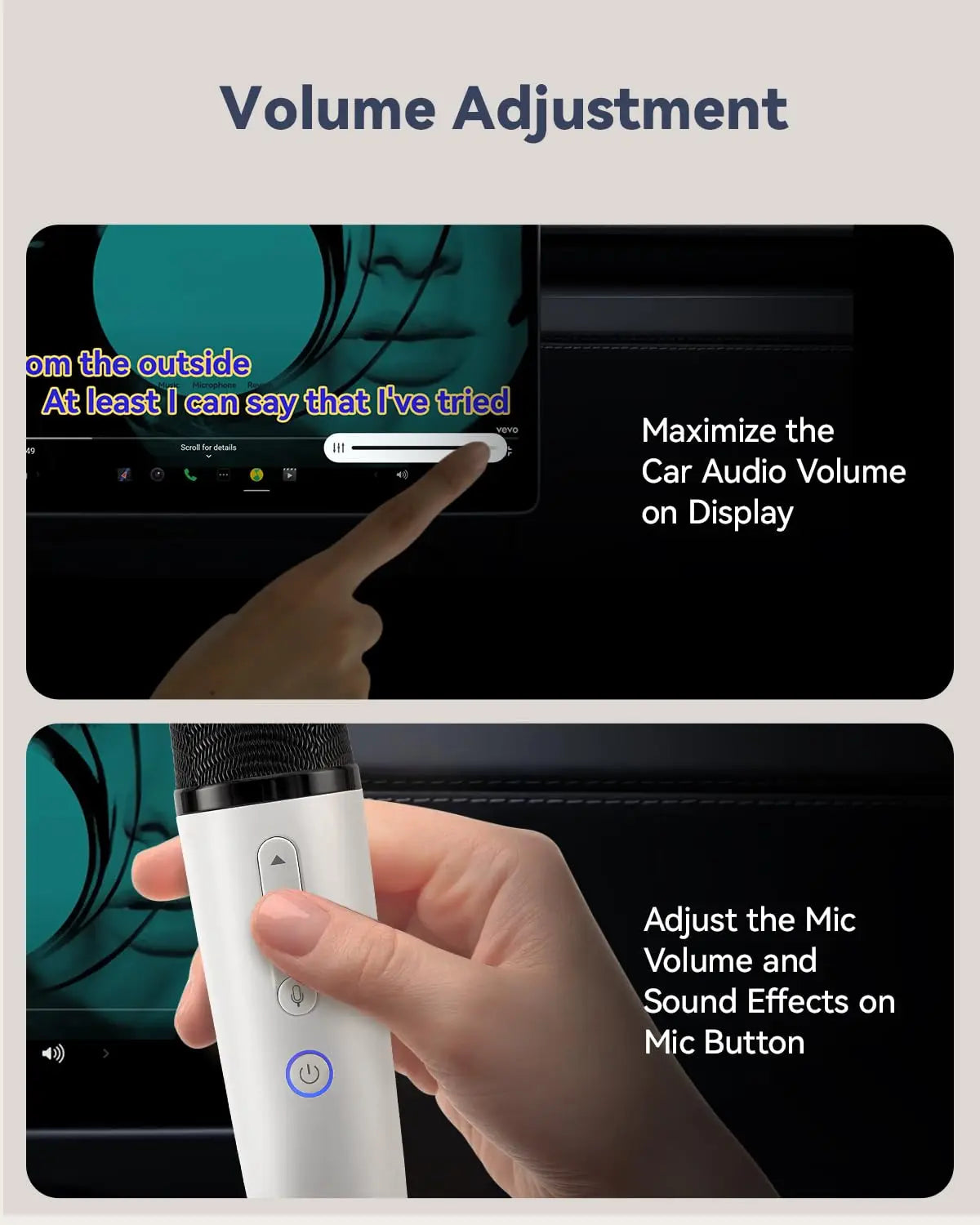 White handheld wireless car karaoke microphone with black mesh grille and USB receiver for tesla karaoke use