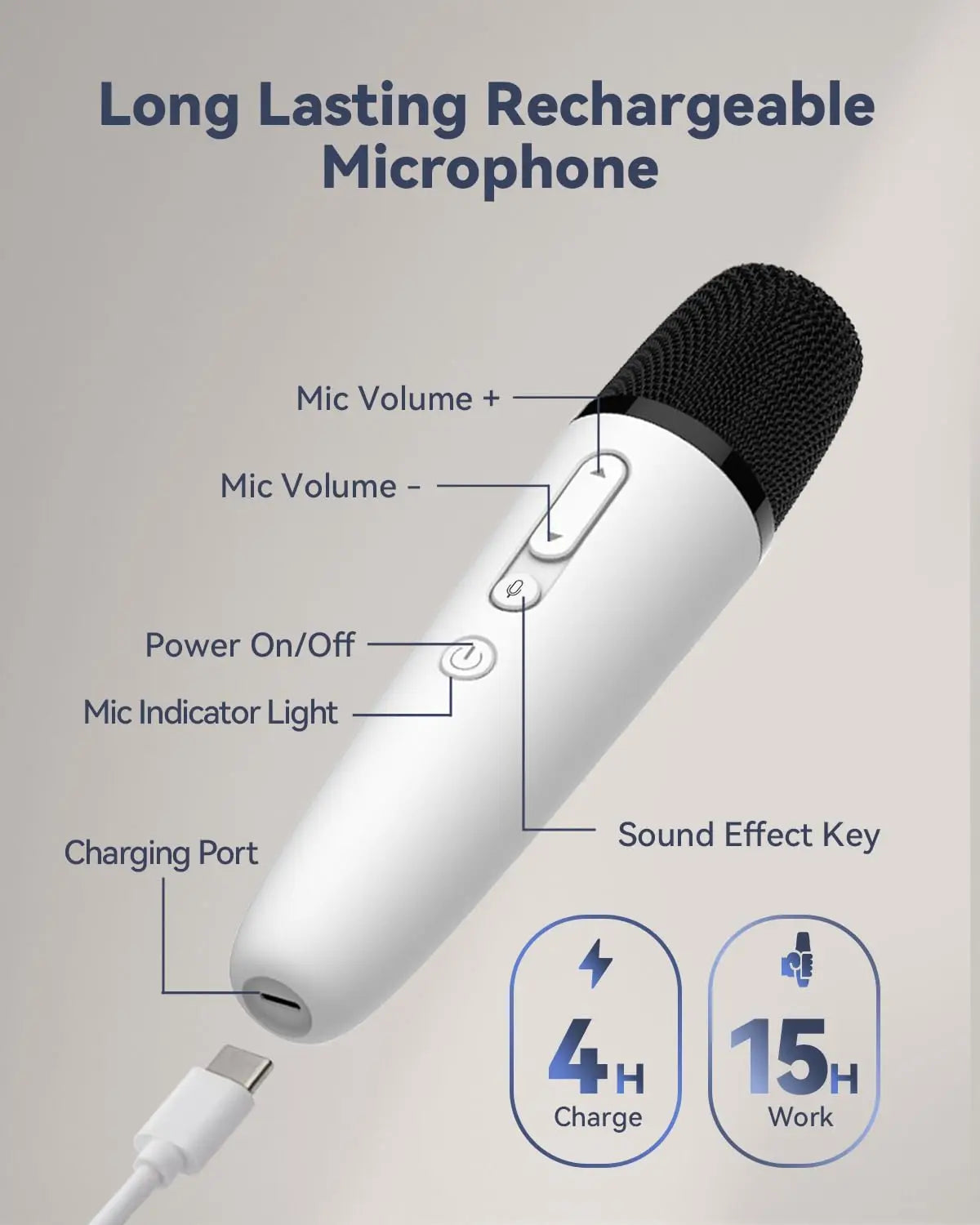White rechargeable car karaoke microphone with black mesh grille and silver buttons for tesla karaoke with wireless receiver