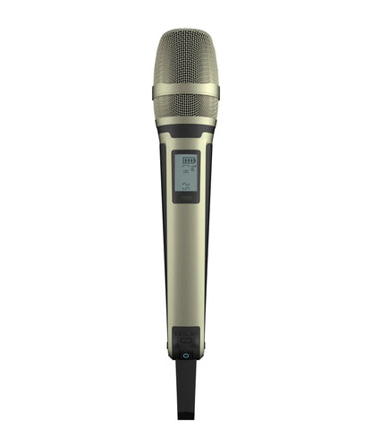 A sleek metallic gold karaoke microphone g-mark skm9000 with mesh grille and digital battery display for wireless use