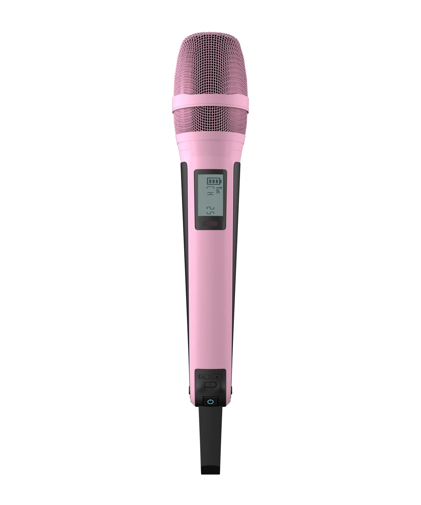 Pink karaoke microphone g-mark skm9000 with mesh grille digital display and black accents channels wireless mic for events