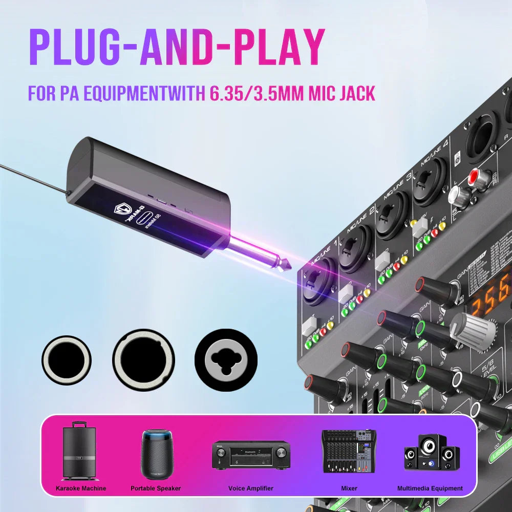 Black rectangular wireless microphone transmitter with purple light and usb-c port for g-mark skm9000 channels wireless mic