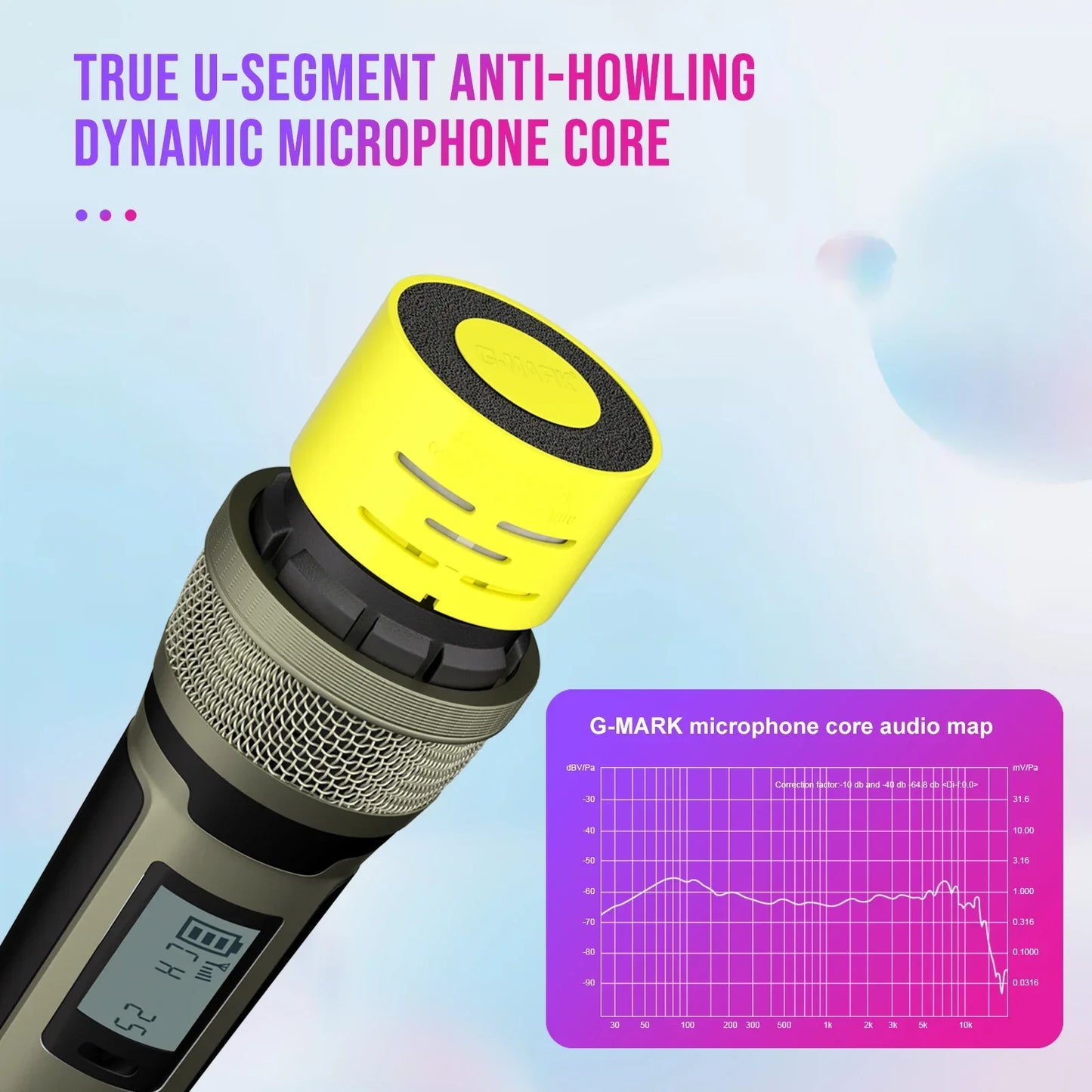 Bright yellow and black g-mark skm9000 karaoke microphone with mesh grille and true u-segment anti-howling core wireless mic