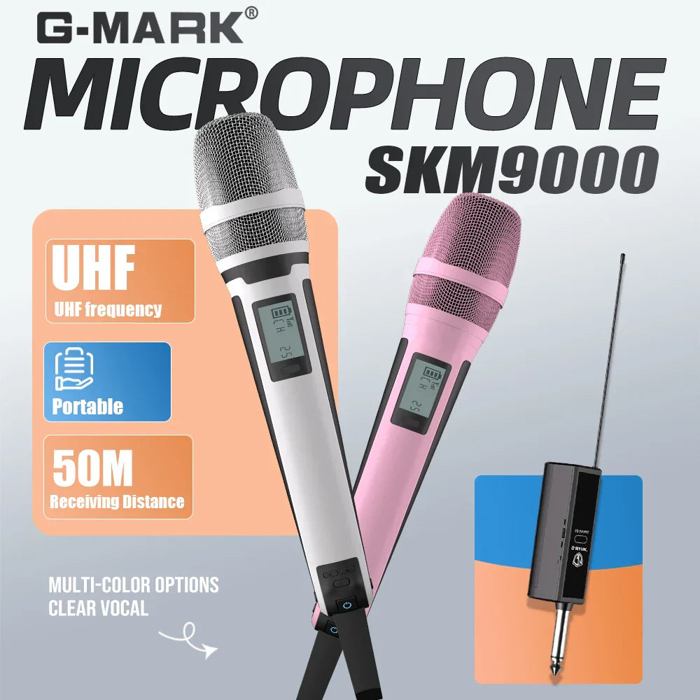 White and pink g-mark skm9000 karaoke microphone with digital display mesh grille and black accents 2 channels wireless mic