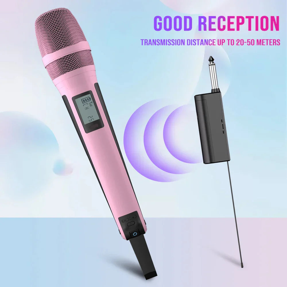 Pink g-mark skm9000 karaoke microphone with mesh grille and digital display paired with black 2 channels wireless mic receiver unit