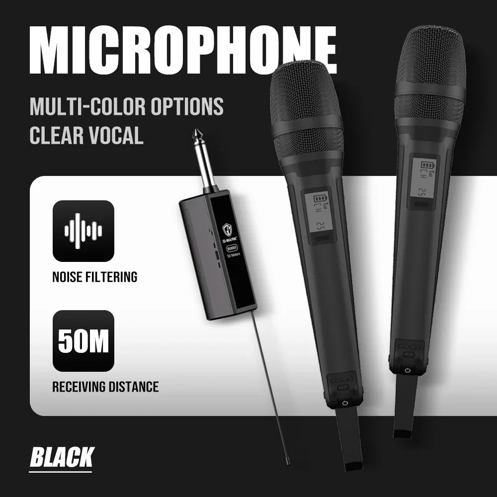 Black g-mark skm9000 karaoke microphone set with mesh grille, digital display, adjustable frequency, and compact receiver unit