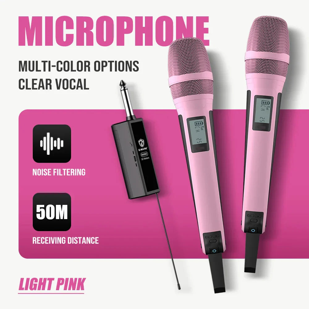 Light pink g-mark skm9000 karaoke microphone with mesh grille digital display and adjustable frequency for stable audio transmission