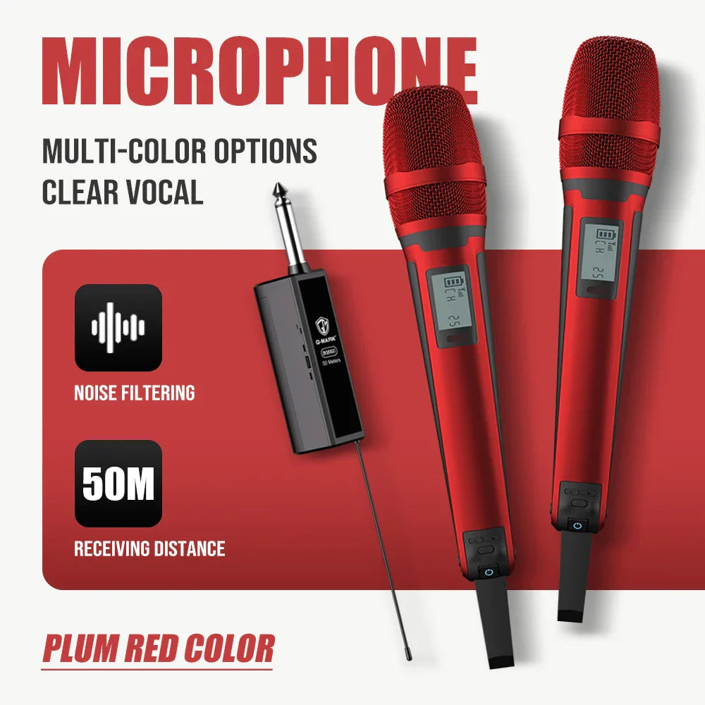 Plum red g-mark skm9000 karaoke microphone with digital display black accents and adjustable frequency for clear audio transmission