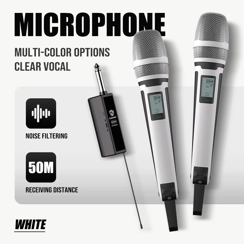 White wireless karaoke microphone g-mark skm9000 with silver mesh grille digital display and adjustable frequency for stable audio transmission