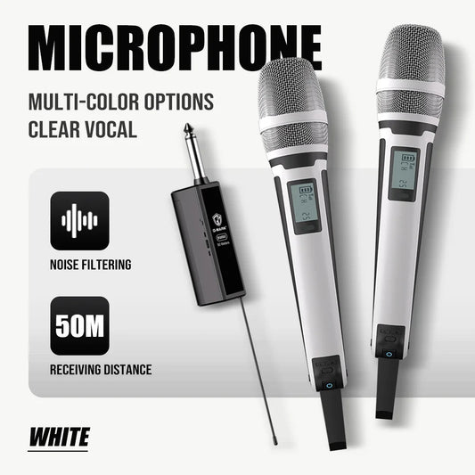 White wireless karaoke microphone g-mark skm9000 with silver mesh grille digital display and adjustable frequency for stable audio transmission