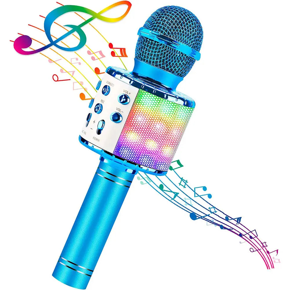 Blue karaoke microphone machine with mesh grille, rainbow led lights, and volume control for singing voice birthday gifts
