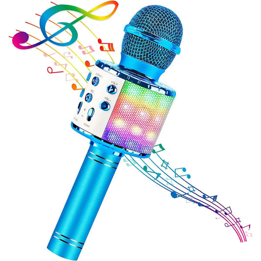 Blue karaoke microphone machine with mesh grille, rainbow led lights, and volume control for singing voice birthday gifts