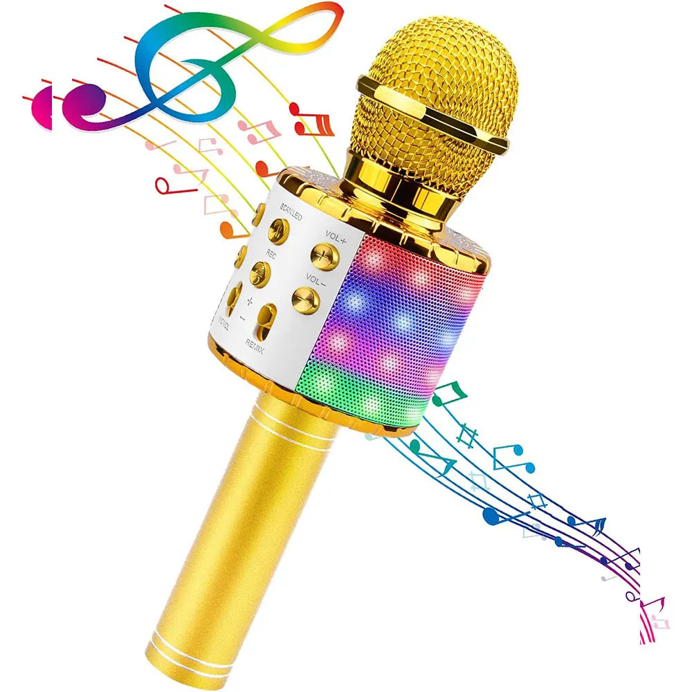 Gold-colored wireless karaoke microphone machine with mesh grille, colorful led lights, and control buttons for singing voice birthday gifts
