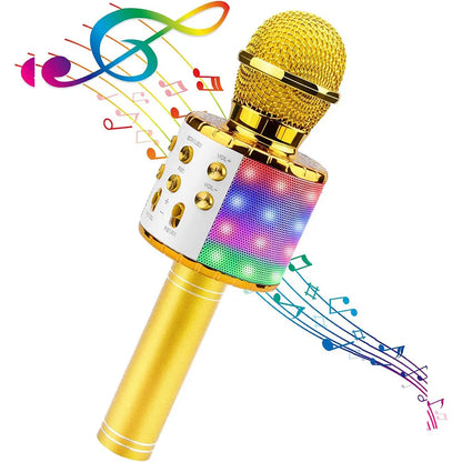 Gold-colored wireless karaoke microphone machine with mesh grille, colorful led lights, and control buttons for singing voice birthday gifts