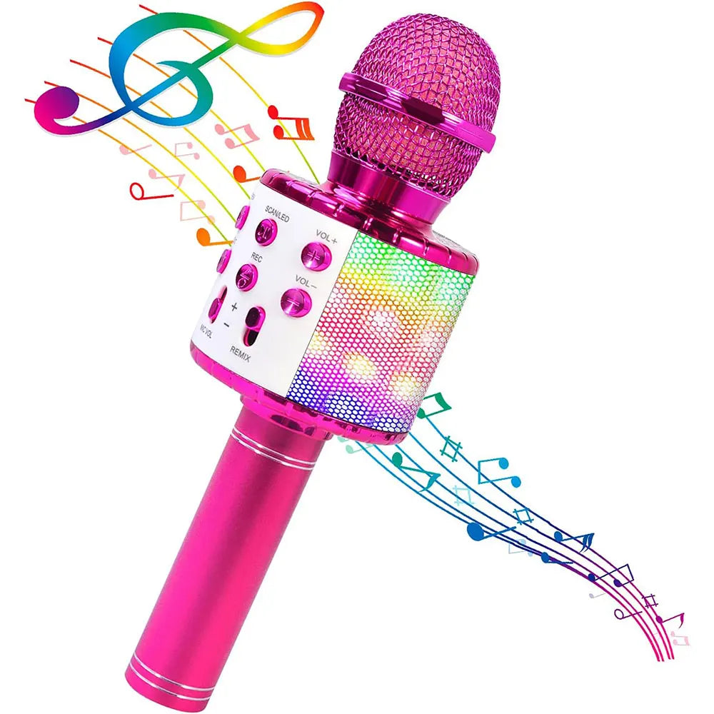 Vibrant pink karaoke microphone machine with mesh grille and rainbow led lights for singing voice birthday gifts