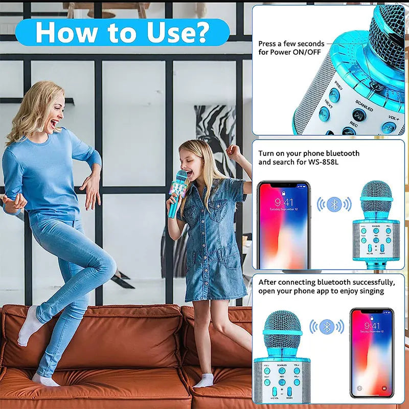 Blue wireless karaoke microphone machine with silver accents and mesh grille for singing voice birthday gifts