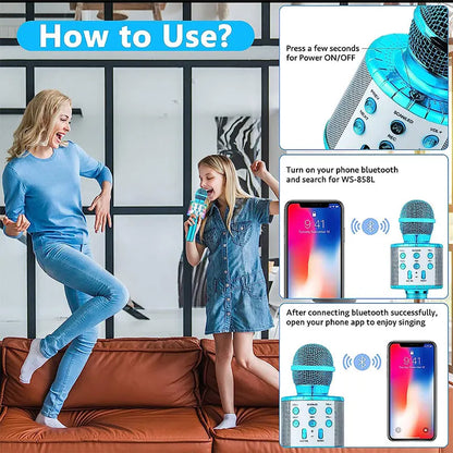 Blue wireless karaoke microphone machine with silver accents and mesh grille for singing voice birthday gifts