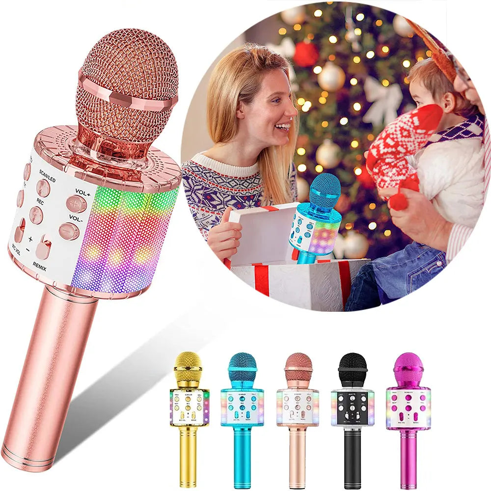 Rose gold wireless karaoke microphone machine with mesh grille and colorful led lights ideal for singing voice birthday gifts