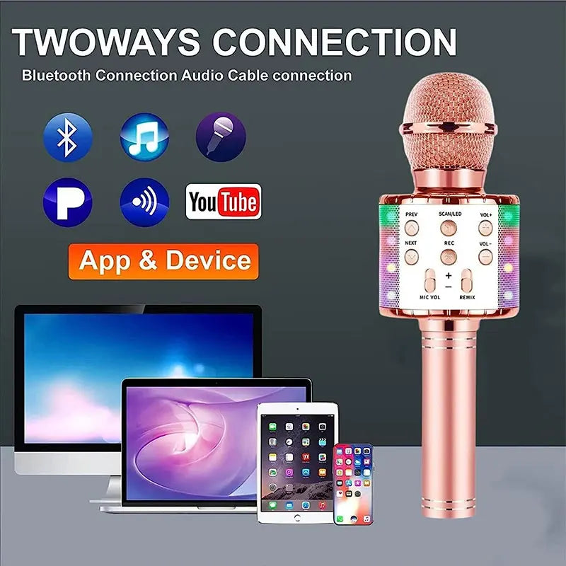 Rose gold wireless karaoke microphone machine with led lights and control buttons for singing voice birthday gifts