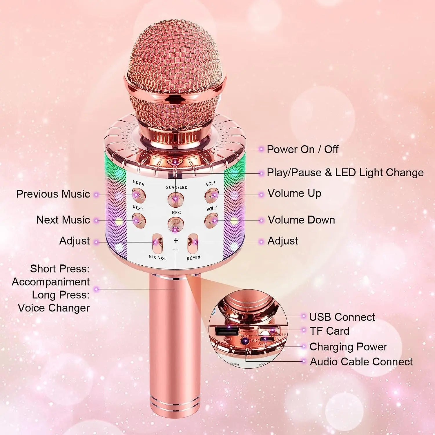 Rose gold wireless karaoke microphone machine with mesh grille led lighting and function buttons for singing voice birthday gifts
