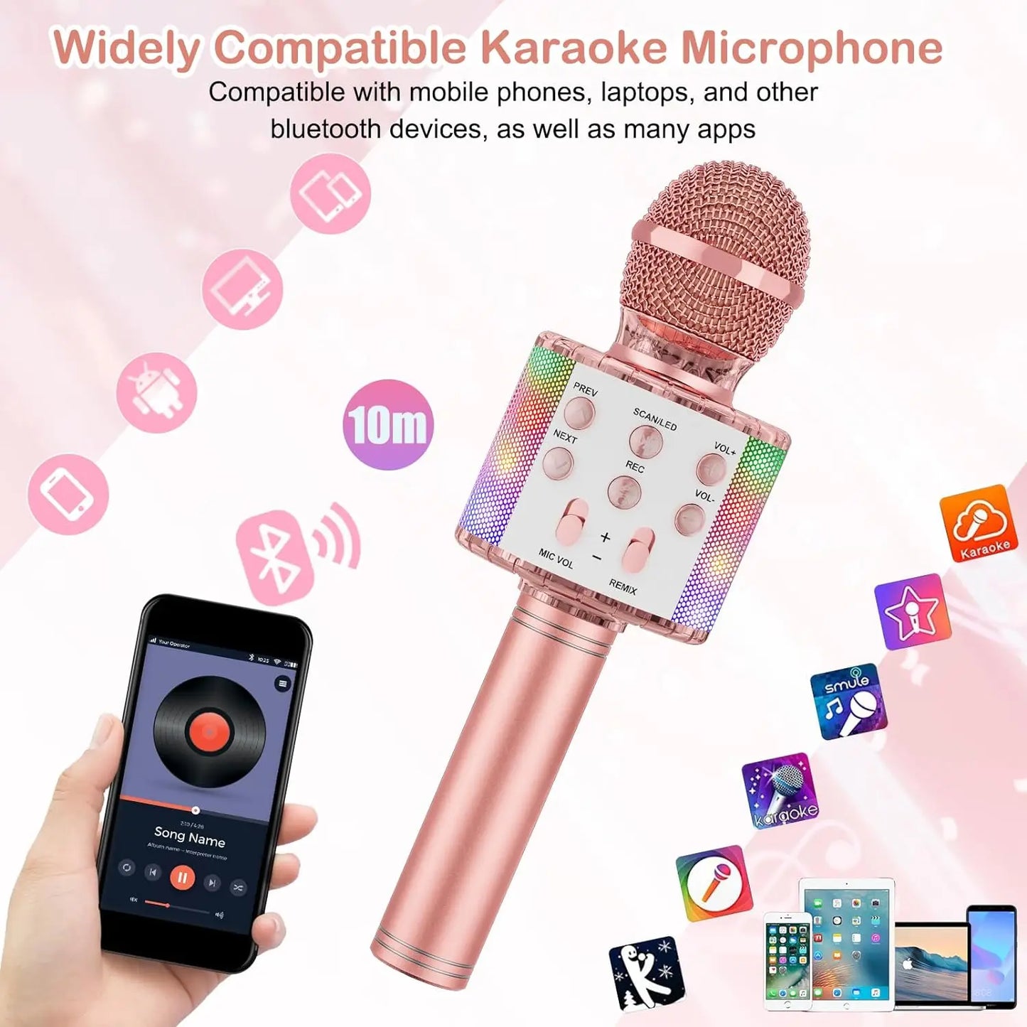 Rose gold wireless karaoke microphone machine with mesh grille and colorful LED lighting for singing voice birthday gifts