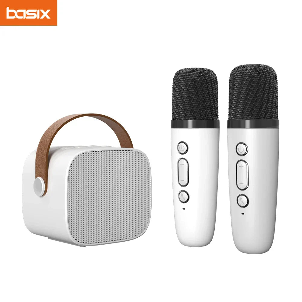 White karaoke microphone set with portable Bluetooth speaker and two wireless microphones ideal for outdoor entertainment ktv and best kids gift