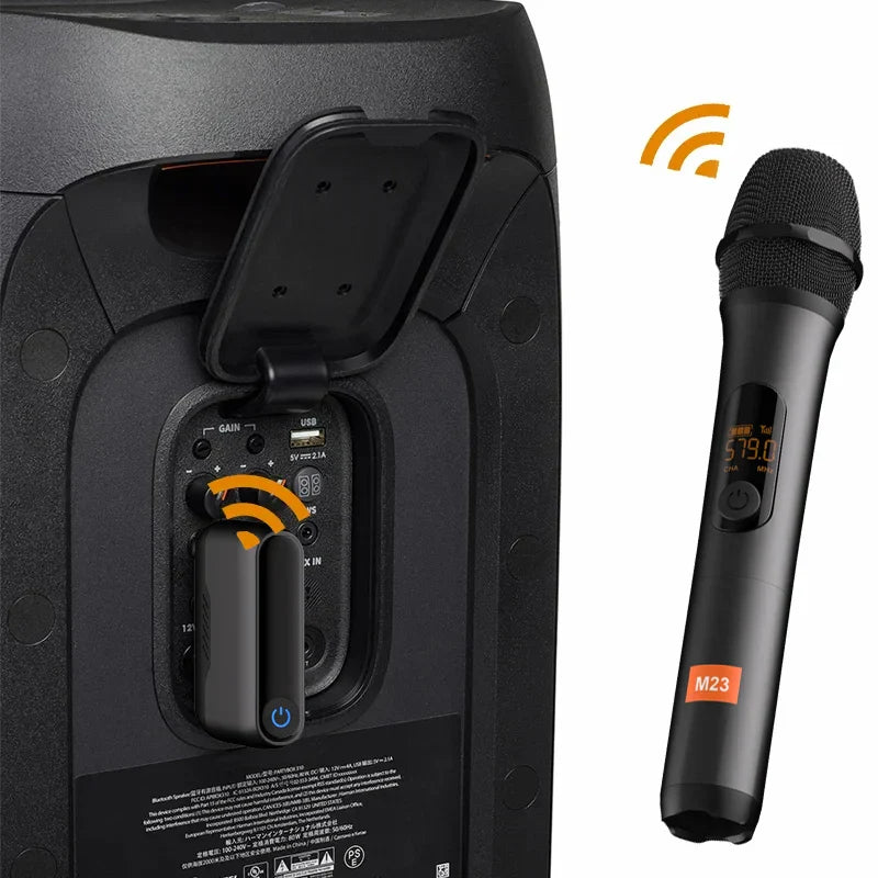Black karaoke microphone wireless m23 uhf with orange branding and lithium battery cordless church party speaker system