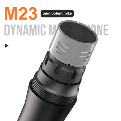 Black and silver m23 dynamic karaoke microphone wireless with textured grille and lithium battery cordless for church party speaker