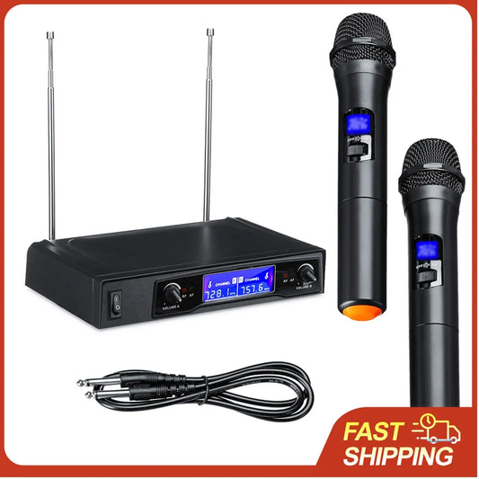 Black karaoke microphones uhf cordless dual handheld wireless mic system with receiver and microphone digital lcd display