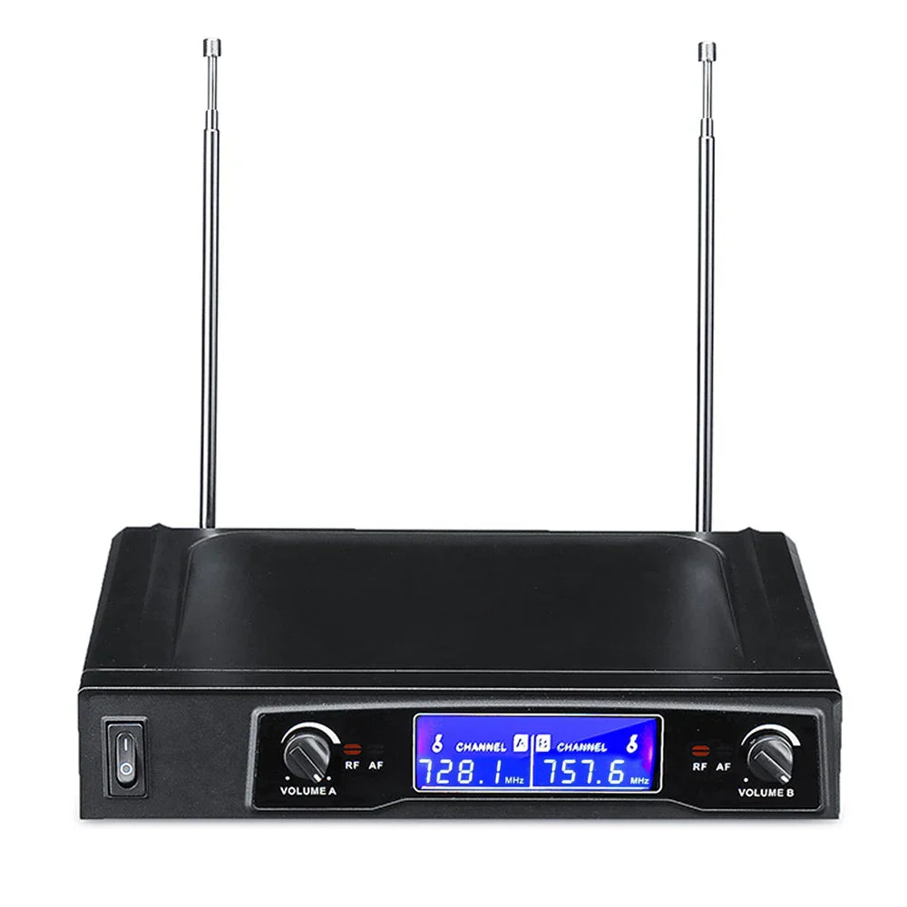 Black wireless karaoke microphones uhf receiver with two silver antennas and blue handheld microphone digital display