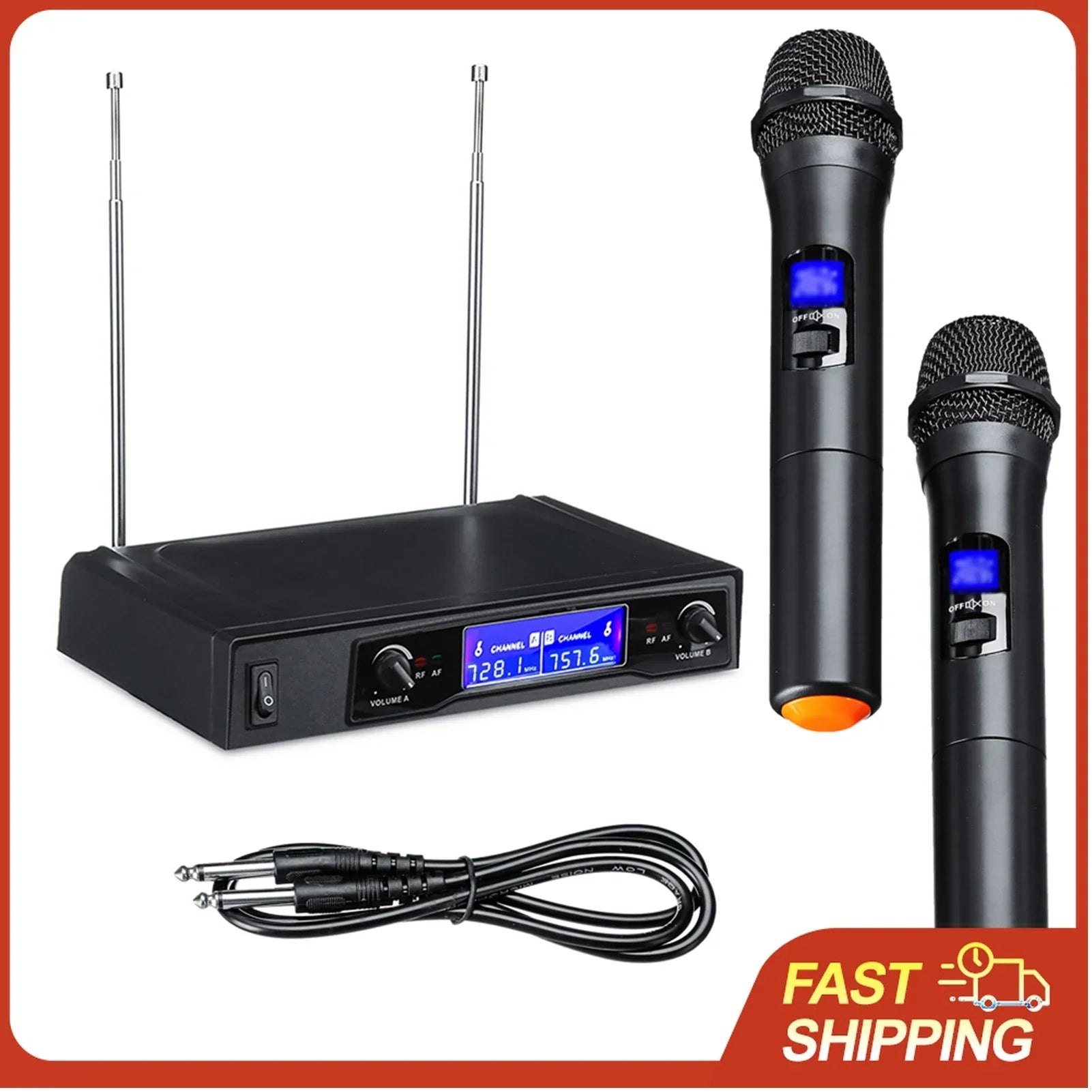 Black karaoke microphones uhf cordless dual handheld mic system with digital lcd display for party and wedding use