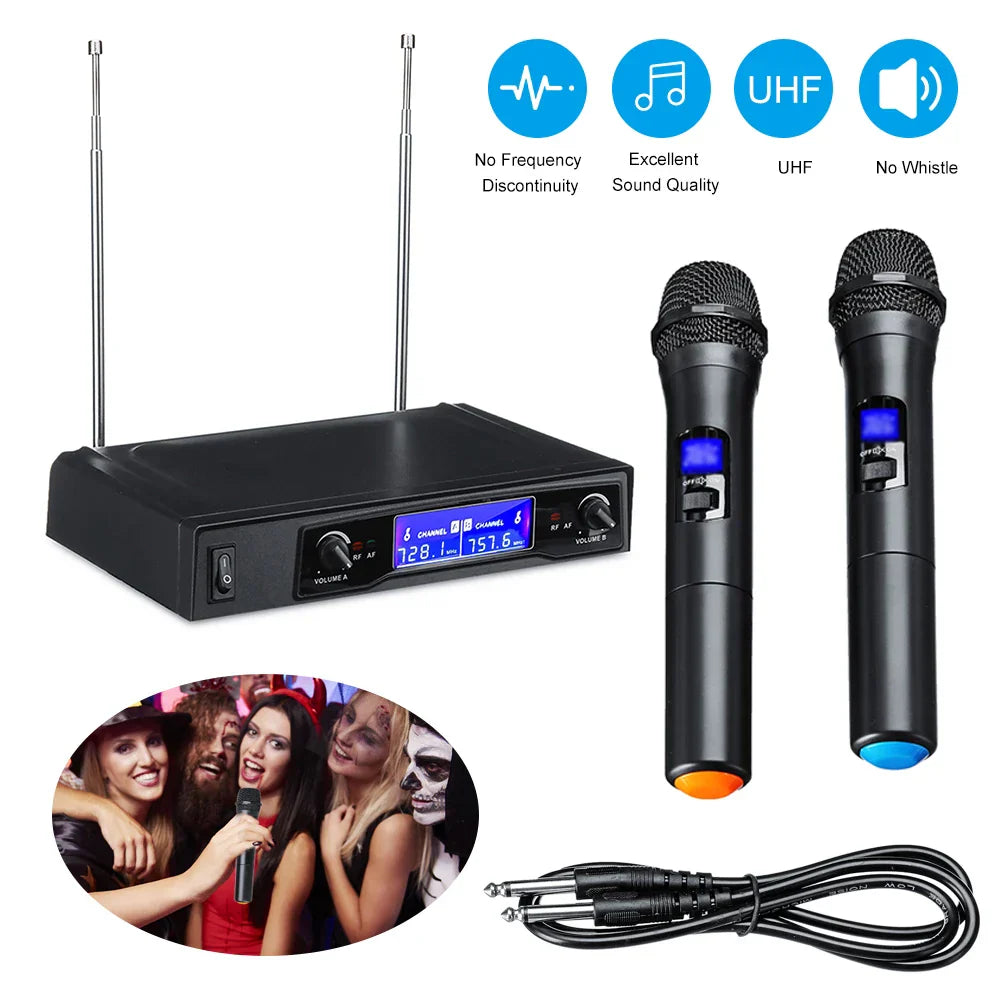 Black karaoke microphones uhf cordless dual handheld wireless mic system with blue lcd digital displays for party use
