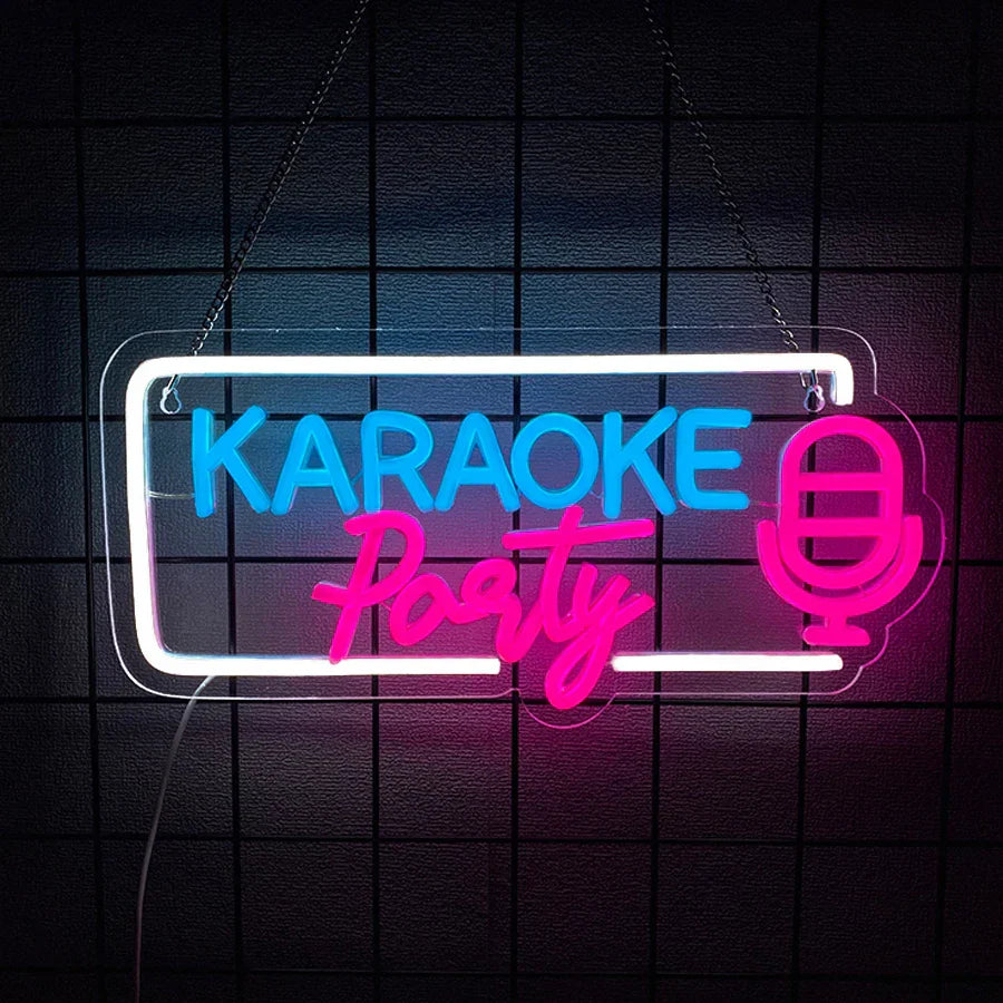 A glowing blue and pink karaoke party neon sign with a microphone icon for wall decor led in music studio decor