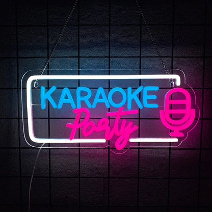A glowing blue and pink karaoke party neon sign with a microphone icon for wall decor led in music studio decor