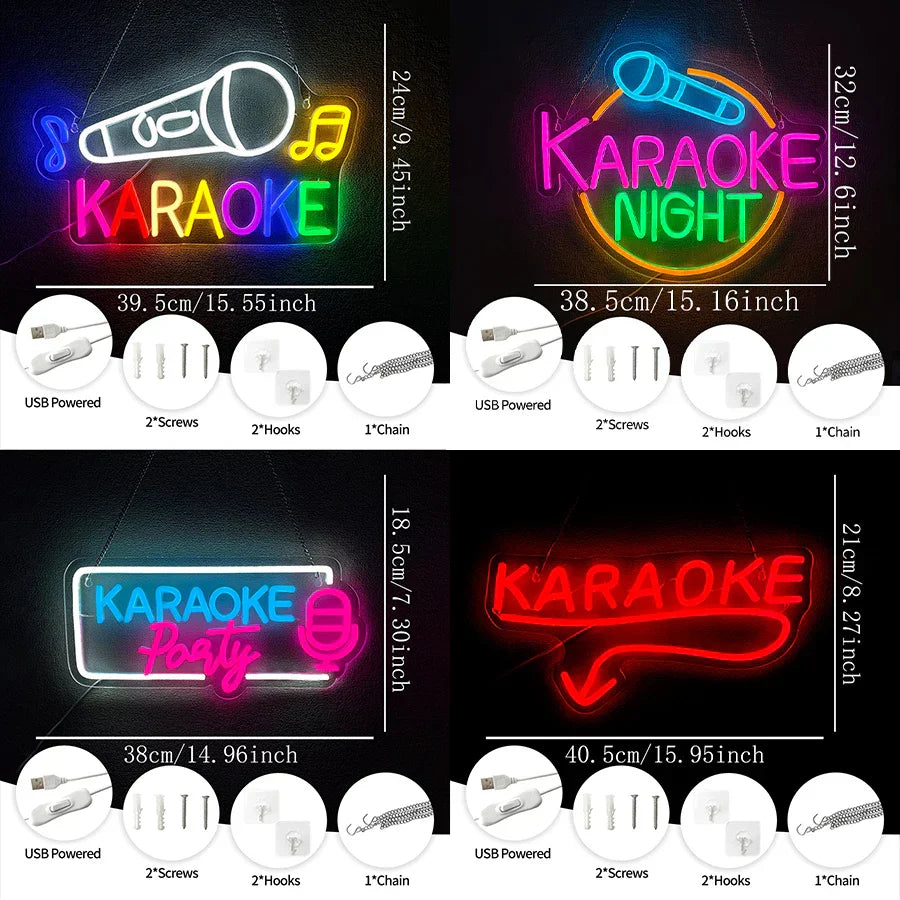 Neon sign with glowing karaoke party neon text in vibrant rainbow colors featuring microphone and musical note for wall decor led use