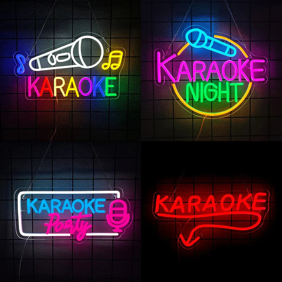 Vibrant karaoke party neon sign with multicolor led lights featuring microphone icons for wall decor music studio use