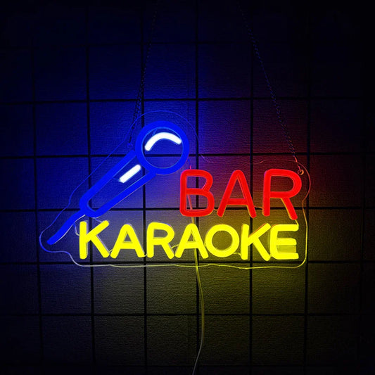 A vibrant karaoke party neon sign with blue microphone and red bar led light for music studio pub wall decor